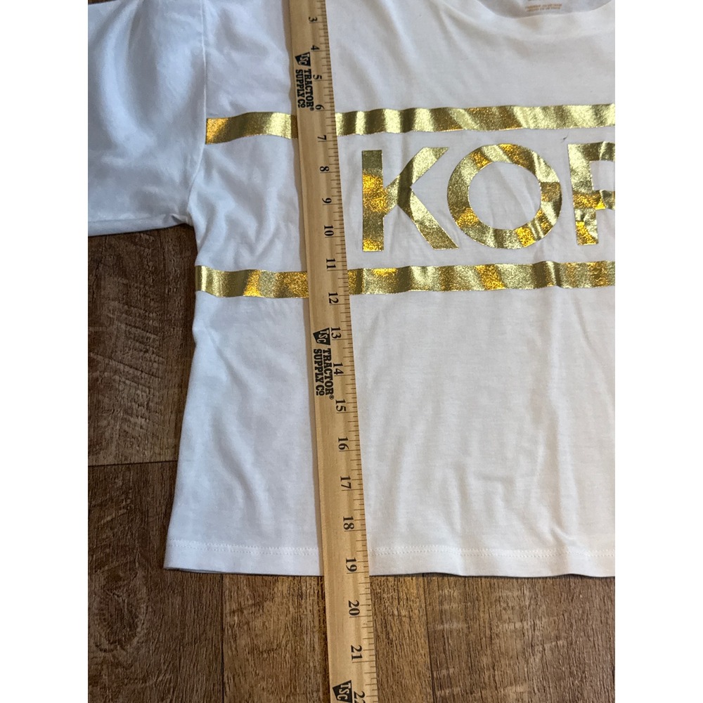 Michael Kors Womens White Gold Foil Logo Crop Top Tee Shirt Medium beach golden - Picture 6 of 6